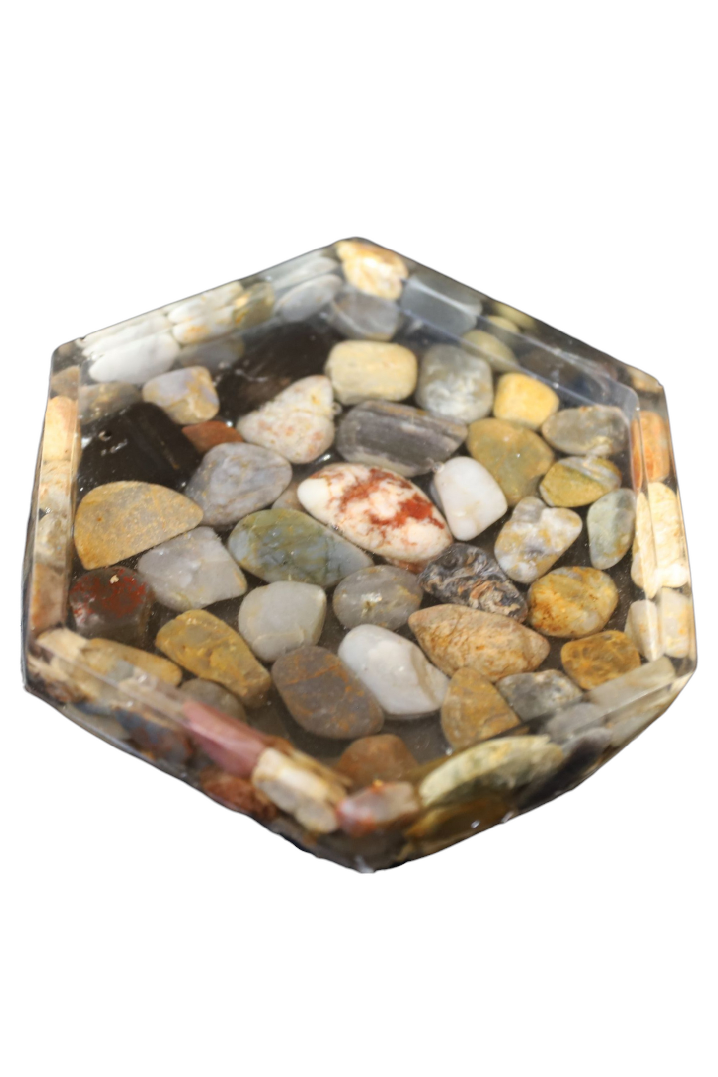 Hexagon Resin Gemstone Coaster – Embedded Natural River Stones