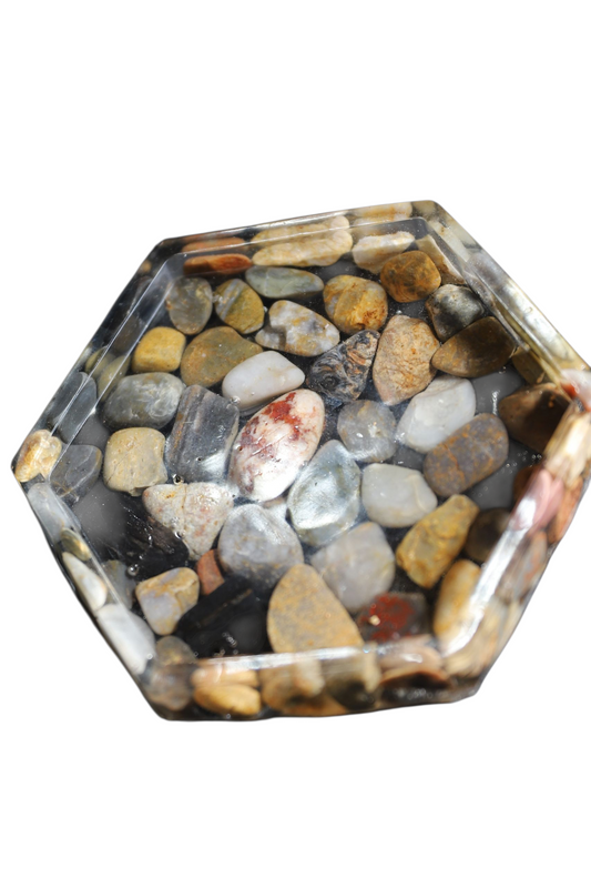 Hexagon Resin Gemstone Coaster – Embedded Natural River Stones