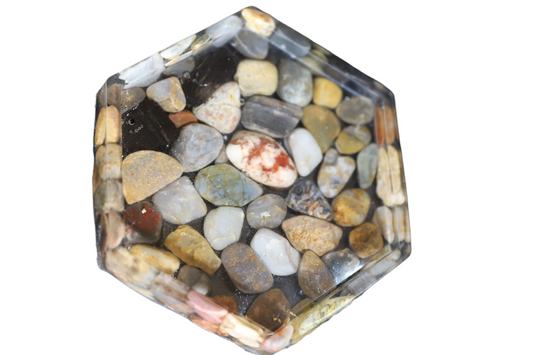 Hexagon Resin Gemstone Coaster – Embedded Natural River Stones