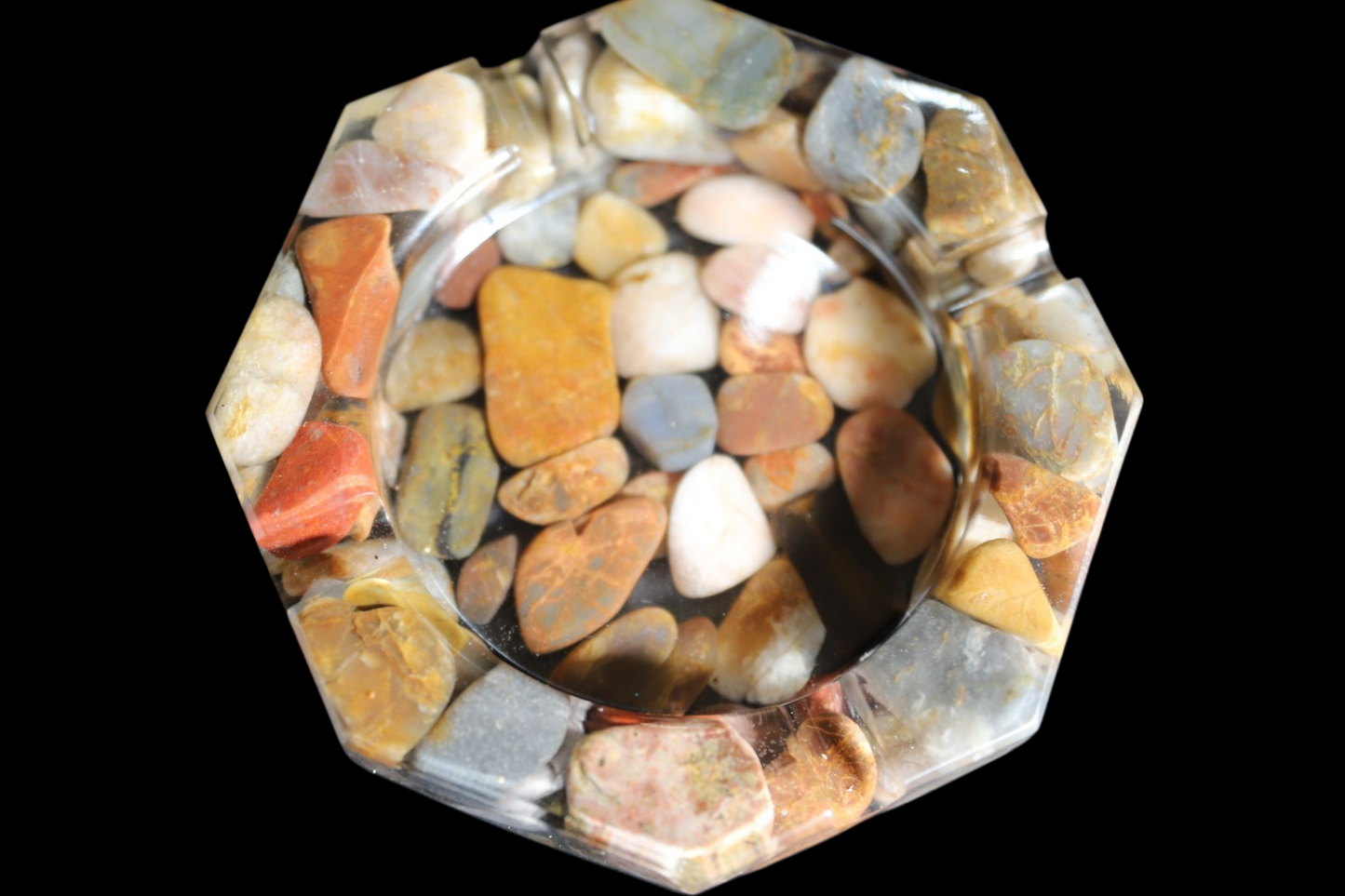Resin Ashtray with Natural Polished Gemstones – Handmade Octagon Design