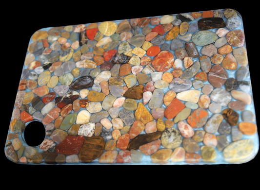 Handmade Resin Serving Board with Natural Polished Stones – Unique Gemstone Decor