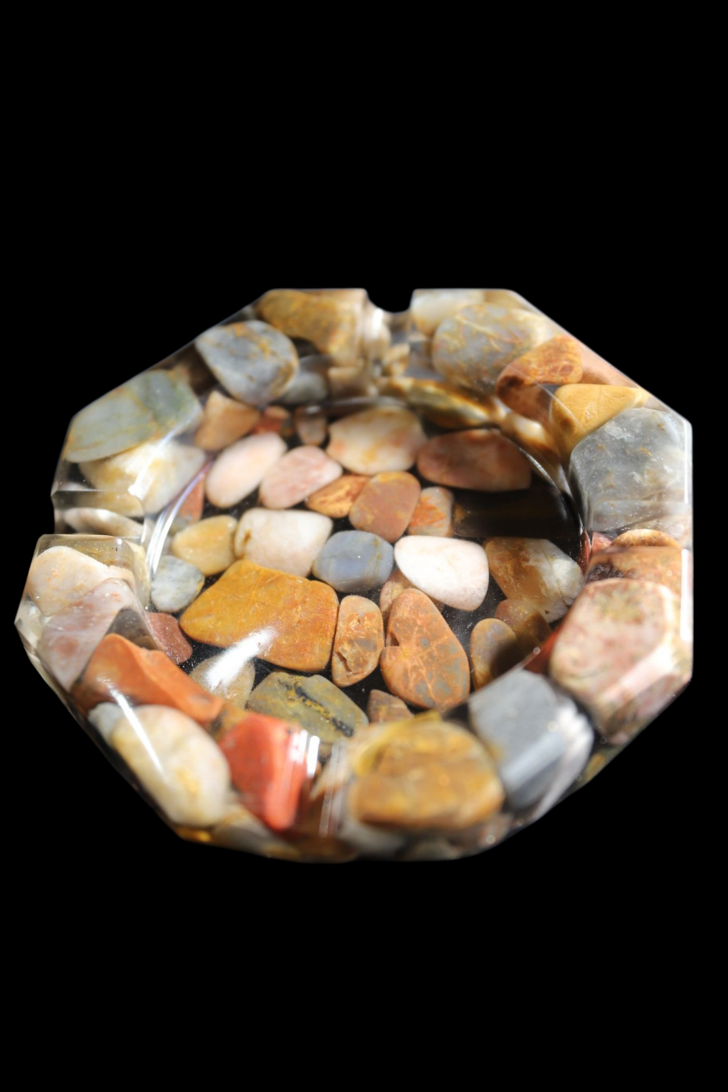 Resin Ashtray with Natural Polished Gemstones – Handmade Octagon Design